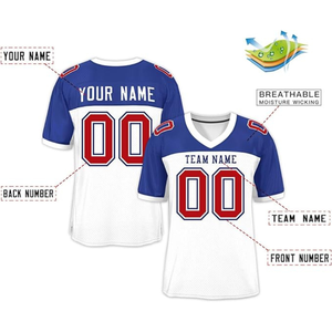 Custom Women's White Blue American Football Jersey V-Neck Short Sleeve Sublimated Print Breathable Mesh Team Name Number - Product Image 2