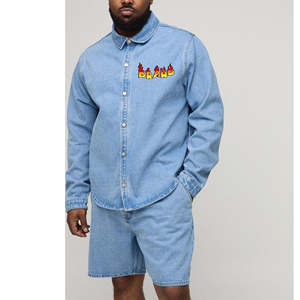 New Arrival Summer Casual Men's Plus Size Solid Denim Breathable Tracksuit Custom Embroidered Logo 2-Piece Shirt Short <b>Set</b> - Product Image 1