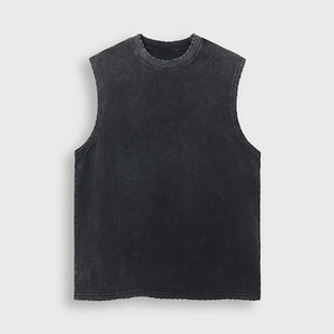 Camiseta sin mangas para hombre, negra, estilo vintage, lavada, de corte holgado, de algodón doble suave, cuello redondo, color liso, para hip hop, entrenamiento y gimnasio - Product Image 4