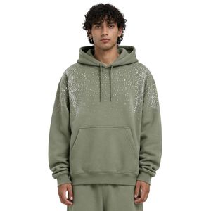 Sweat à capuche oversize en molleton vert sauge pour homme, imprimé étoiles en strass, en coton épais, style streetwear, décontracté pour l'hiver - Product Image 1