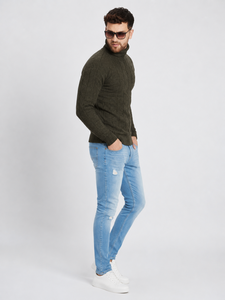 <b>Men</b> Soft Lightweight Cable Knit <b>Turtleneck</b> Sweater Pullover with Front Logo Long Sleeve Ribbed Knit for Fall Winter - Product Image 2
