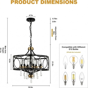 Lustre Moderne en Cristal Noir et Or, Suspension Plafond Luxe en Métal, Lampe Suspendue Contemporaine, Lustre Cage Ronde - Product Image 2