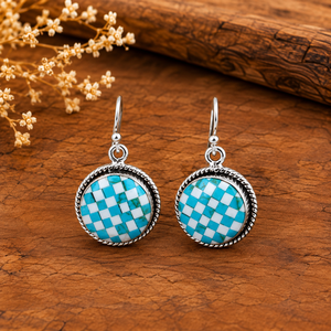Round Blue Checkered Stone <b>Earrings</b> Handmade Western Boho Style Unique Designer Statement Gemstone Jewelry <b>Fashion</b> <b>Earrings</b> - Product Image 1
