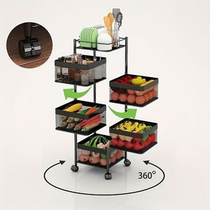 5 Tier Rotating Metal Fruit <b>Vegetable</b> Storage <b>Rack</b> Kitchen Bathroom Square Storage <b>Trolley</b> Wheels Floor-Standing Basket Storage - Product Image 5