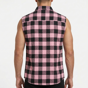 Custom <b>Men's</b> Sleeveless Plaid Flannel <b>Shirt</b> <b>Pink</b> Black Checkered Turn-Down Collar Casual Breathable 100% Cotton Spring Wear - Product Image 2