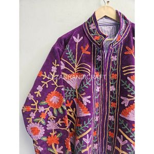 Chaqueta Blusón de Terciopelo Morado con Bordado Floral, Cuello Mao, Manga Larga, para Otoño - Product Image 2