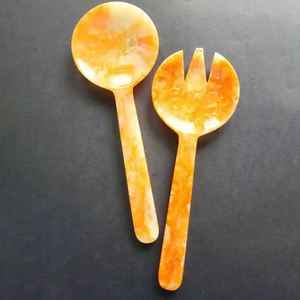 Handcrafted Beige Marbled Resin Salad Server Set | Neutral Acrylic Serving Spoon & Fork | Modern Dining Tableware & Wedding <b>Hous</b> - Product Image 3