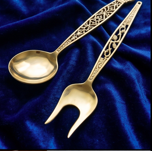Antique Gold Jali Cutwork Salad Servers Set Stainless Steel With Antique Gold PVD For <b>Gift</b> <b>Hamper</b> Special Events And Restaurant - Product Image 3