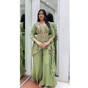 ชุดผ้าไหมรังโกลีพรีเมียมพร้อมเสื้อปักลาย กางเกงปาลาซโซ และผ้าคลุมไหล่ ชุดสไตล์ชาติพันธุ์ทันสมัยสำหรับผู้หญิง เหมาะสำหรับงานแต่งงานและงานปาร์ตี้ - Product Image 1