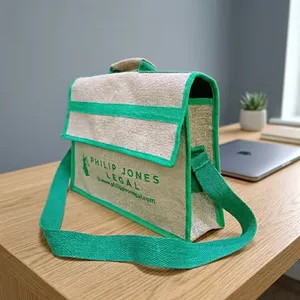 Sac de transport pour ordinateur portable en jute, fermeture éclair écologique, bandoulière, design unisexe personnalisé, pour le bureau, les voyages d'affaires et les déplacements - Product Image 3
