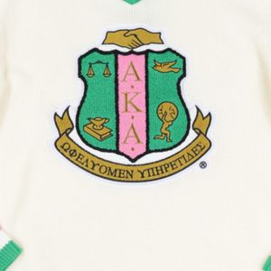 Ivory AKA V Neck Sweater With Pink Green Trim Embroidered Crest Pullover Knit <b>Top</b> Stylish Casual Apparel For <b>Women</b> - Product Image 6