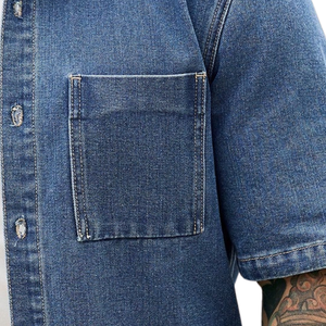 Chemise en jean personnalisée pour homme à manches courtes, en coton lavé, boutonnée, décontractée, respirante, séchage rapide, col rabattu, coupe classique, poche poitrine - Product Image 6