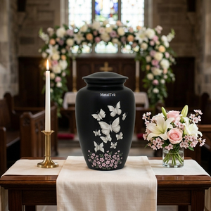 Premium Metal Cremation Urn Elegant Black Matte Finish Hand Painted White Butterflies Floral Art Durable Secure Lid Memorial Jar - Product Image 5