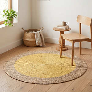 Tapis rond en jute tressé de 120 cm avec bordure à franges bleues, tapis de sol décoratif en fibres naturelles - Product Image 4