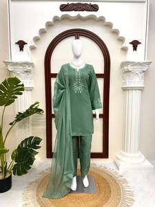 Green Embroidered Traditional Salwar Kameez Set High Neck Long Kurta Pagri for Wedding Party Diwali <b>Pakistani</b> Outfit - Product Image 5