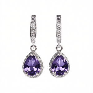 Pendientes de Aro con Circonita Cúbica en Forma de Gota de Agua, Diseño de Halo con Gema Púrpura en Corte Pera, Pendientes Colgantes de Plata de Ley 925 - Product Image 1