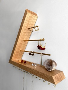 Wooden Wall Mount Jewelry Organizer With Brass Rods And <b>Hooks</b> Minimalist Polygon <b>Shelf</b> For Rings Earrings Necklaces Storage - Product Image 2