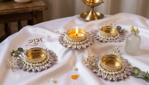 Wholesale Handcrafted Luxury Crystal Pearl Eco-Friendly <b>Tealight</b> Candle Holders Metal Rhinestone Flowers Diya Base Birthday - Product Image 3