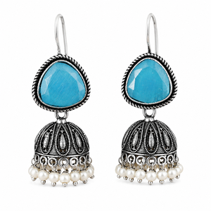 Verified Manufacturer Oxidized Silver Statement <b>Red</b> Blue Stone <b>Earrings</b> | Ethnic Women Jhumka Gift for Her - Product Image 1