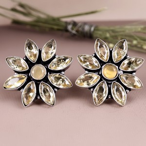 <b>Crystal</b> Rhinestone Bezel Setting <b>Stud</b> <b>Earrings</b> Brass Antique Silver Plated Flower Bohemian Style Women's Wholesale Bulk Supplier - Product Image 2