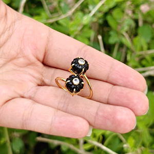 Women elegant jewelry black onyx with white cz <b>adjustable</b> <b>ring</b> solid brass 18k gold plated hand carved flower double stone <b>rings</b> - Product Image 4