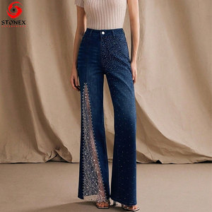 Jeans de mezclilla para mujer al por mayor con pedrería, de pierna ancha y tiro alto, a la moda, con logotipo personalizado, servicio OEM ODM - Product Image 4