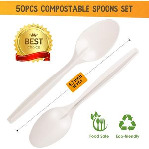 Paquete de 50 Cucharas Biodegradables y Compostables de 6.7 Pulgadas, Juego de Cubiertos Desechables Resistentes para Fiestas, Bodas, Campamentos, Sin Plástico - Product Image 1