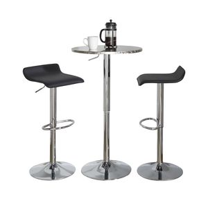 Set Bar Contemporaneo 3 Pezzi in Cromo Argento con Sgabelli Bistro Regolabili in PVC Nero e Poggiapiedi Ovale - Arredamento Bar Moderno e Contemporaneo - Product Image 1
