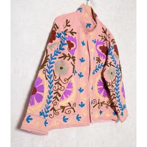 Pink Floral Embroidered Cotton <b>Jacket</b> <b>Mandarin</b> <b>Collar</b> Full Sleeve Handmade Ethnic Style Spring Wear - Product Image 3