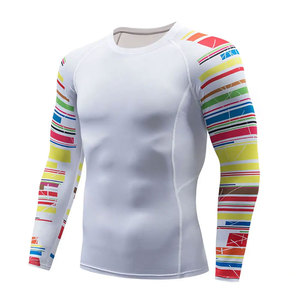 <b>Men</b> White Long Sleeve <b>Compression</b> Rash Guard With Colorful Striped Sleeves Quick Dry Sport <b>Shirt</b> Adult Fit - Product Image 1