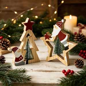 Árbol de Navidad de madera y decoraciones de estrellas con figuras de Papá Noel, adornos festivos de mesa, decoración festiva rústica - Product Image 1