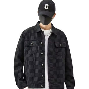 Veste en jean à carreaux vintage pour homme, col rabattu décontracté, boutonnée sur le devant, coupe ample, coupe-vent en coton pour l'automne, manches classiques - Product Image 1