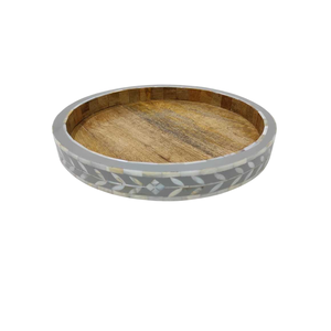 Plateau de service rond en rotin fait main avec incrustation de nacre bleue, style bohème, plateau décoratif avec base incrustée pour la table à café - Product Image 6
