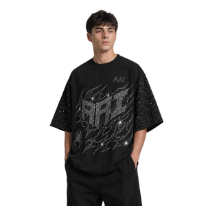 Chemises pour hommes en coton 100% respirant, couleur unie, personnalisées avec strass sur toute la surface, coupe ample oversize, style streetwear, épaules tombantes, col rond - Product Image 4