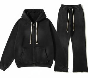 Ensemble de survêtement en molleton de coton pour homme, effet vieilli, comprenant un sweat à capuche et un pantalon, couleur unie, respirant, pull chaud pour l'hiver - Product Image 1