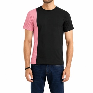 T-shirt décontracté tricoté à manches courtes col rond noir et rose pour homme, coupe régulière, respirant, polyester 220g, bordure contrastante - Product Image 1