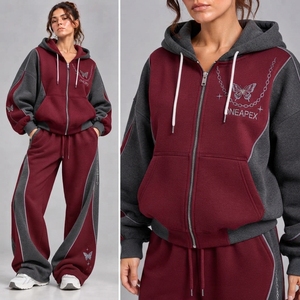 Women's Burgundy <b>Charcoal</b> Zip Hoodie Tracksuit Set Butterfly Print Color Oversized <b>Jogger</b> Pants Streetwear - Product Image 4