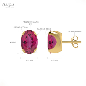 Wholesale Natural Pink Tourmaline Stud <b>Earrings</b> 14k Solid Gold Oval Cut 6x4mm Single Gemstone Fine Jewelry Bulk Lots - Product Image 1