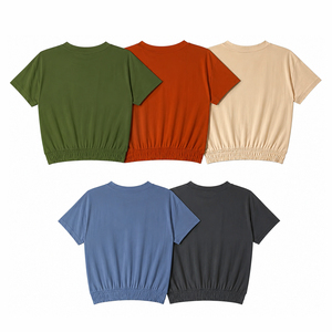 Womens Elastic Hem <b>Crop</b> T Shirt Casual Short Sleeve Round Neck Summer Tee Soft Cotton Blend <b>Top</b> - Product Image 2