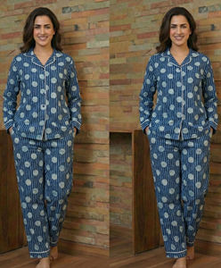 Indigo Cotton Hand Printed <b>Womens</b> Pajama Lounge Set Export Manufacturer India - Product Image 1