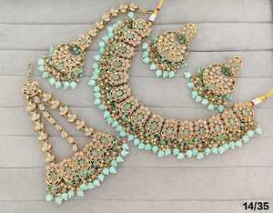 Ethnic Antique Gold Plated CZ Choker Necklace Set Beaded Drop <b>Floral</b> Cluster Bridal Jewelry Set With Earrings Mang Tika And Pasa - Product Image 2