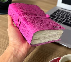 Handmade <b>Leather</b> Journal - Vintage White Deckle Edge Paper, Pink Flower <b>Book</b> - Product Image 4