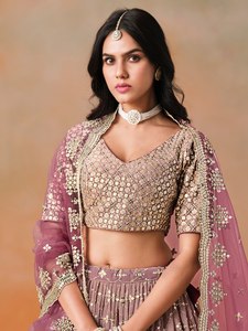 Purple Embroidered Organza Floor-Length A-Line <b>Lehenga</b> with Crop Top and Dupatta Quick Dry for Bridesmaid Wear - Product Image 3