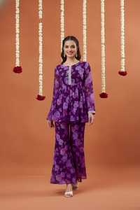 <b>Women</b>’s Purple Printed Georgette <b>Kurta</b> Sharara Set | Fully Stitched 2-Piece Festive Ethnic Wear - Product Image 3
