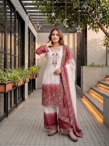 Conjunto de Kurta y Palazzo de Georgette de Doble Tono Premium para Mujer, Bordado con Estrellas y Dupatta con Lentejuelas |   Traje Étnico Indio Completamente Cosido - Product Image 3