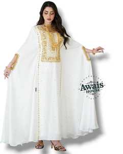 Awais House Women's White Organza Floor-Length Eco-Friendly A-Line Abaya Gold Embroidery V-neck Long Sleeve Modest Evening Dress - Product Image 6