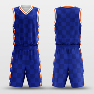 Uniformes de Baloncesto Sublimados Personalizados, 100% Poliéster Transpirable, Azul y Naranja a Cuadros, Cuello en V, Sin Mangas, Secado Rápido, Unisex para Adultos - Product Image 4
