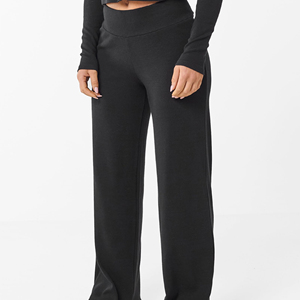 Pantalon de jogging décontracté taille haute pour femme, coupe ample, jambe droite, drapé, avec taille élastique et cordon de serrage, couleur unie, idéal pour le yoga - Product Image 1