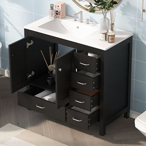 Mobile Bagno Nero da 36 Pollici con Ampio Spazio di Archiviazione, 2 Ante con Chiusura Ammortizzata e 5 Cassetti, con Lavabo in Ceramica Integrato - Product Image 1