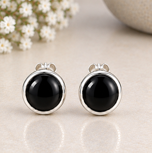Black <b>Onyx</b> Silver Stud <b>Earrings</b>, Natural Black <b>Onyx</b> Gemstone <b>Earrings</b>, 925 Sterling Silver Round Studs, Black Stone <b>Earrings</b>, - Product Image 4